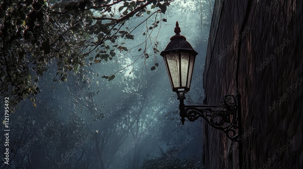 Poster mysterious street lamp illuminating a foggy forest scene with soft light filtering through lush foli