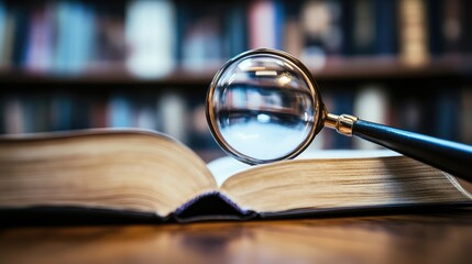 Exploring information retrieval strategies with magnifying glass on open book in library setting representing digital research and technology connection