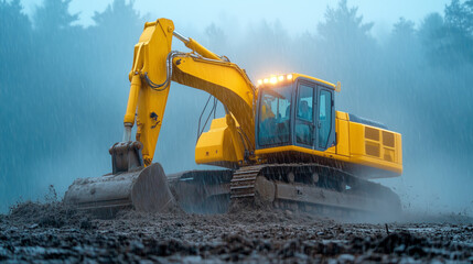 Heavy machinery works on muddy terrain during rain