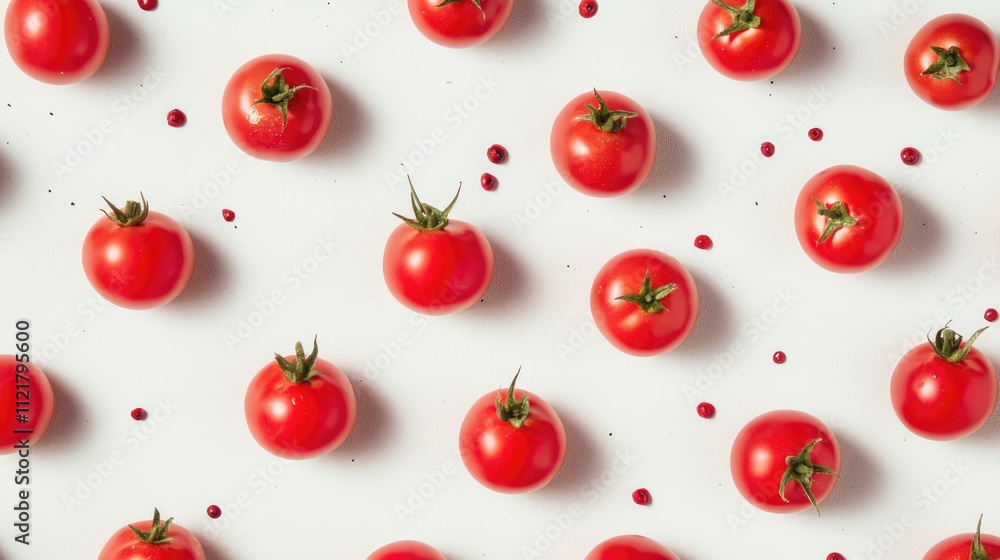 Poster fresh red tomatoes arranged in a creative pattern against a clean white background showcasing vibran