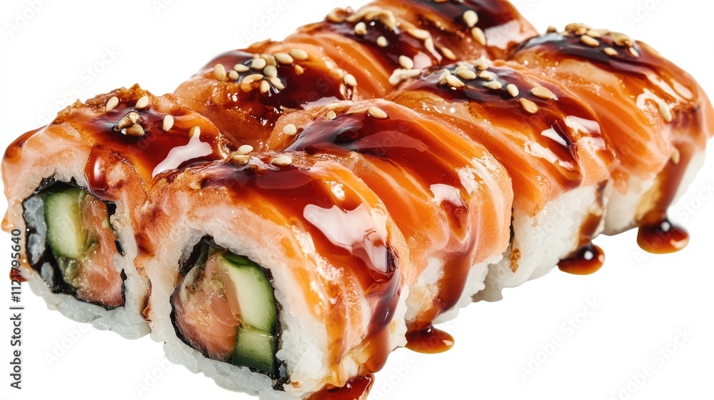 Aufkleber sushi rolls with salmon and cucumber drizzled with sauce arranged on a white backdrop aerial view cl