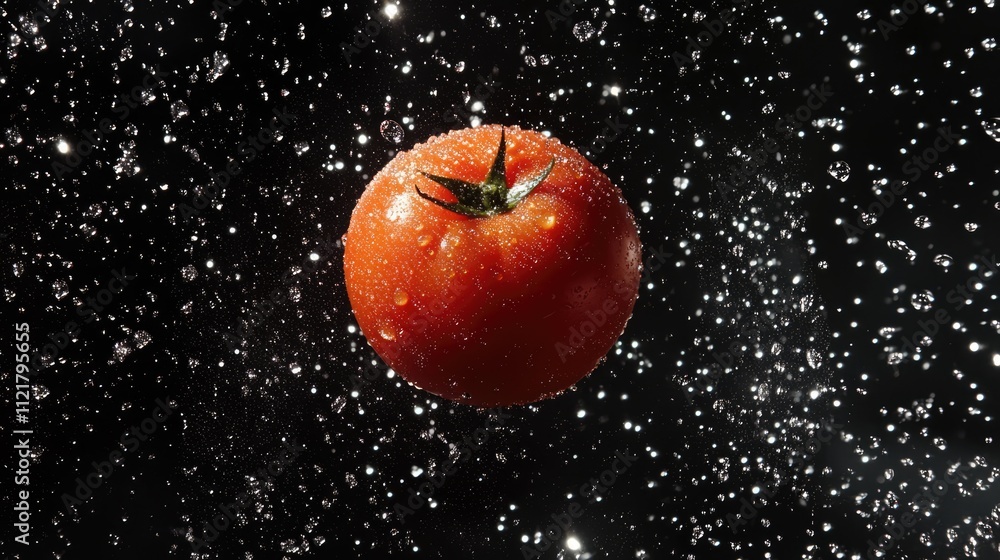 Aufkleber Fresh tomato with water droplets on black background dramatic shadows emphasizing texture and space for text placement