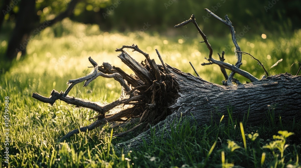 Aufkleber Weathered tree stump surrounded by lush green grass illuminated by soft sunlight in a tranquil natural setting