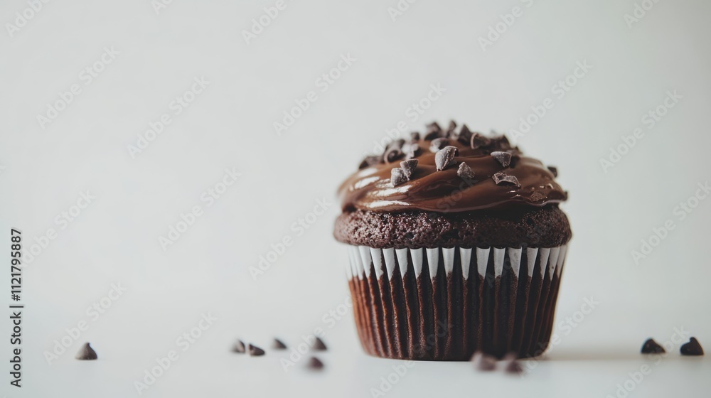 Aufkleber chocolate muffin topped with rich frosting and chocolate chips on a clean white background perfect f