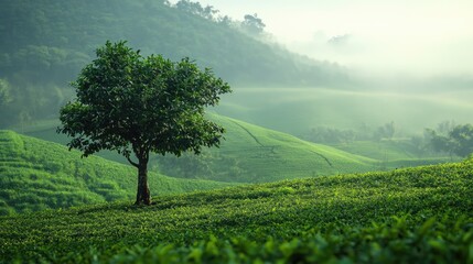 Lush green landscape featuring a solitary tobacco leaf tree surrounded by vibrant fields and misty hills in serene natural beauty.