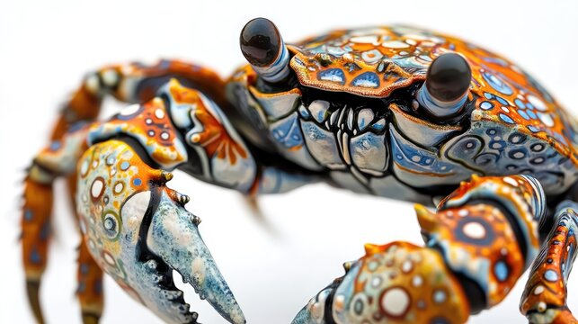 Colorful close-up of a vibrant sea pebble crab showcasing intricate patterns and textures against a clean white background.