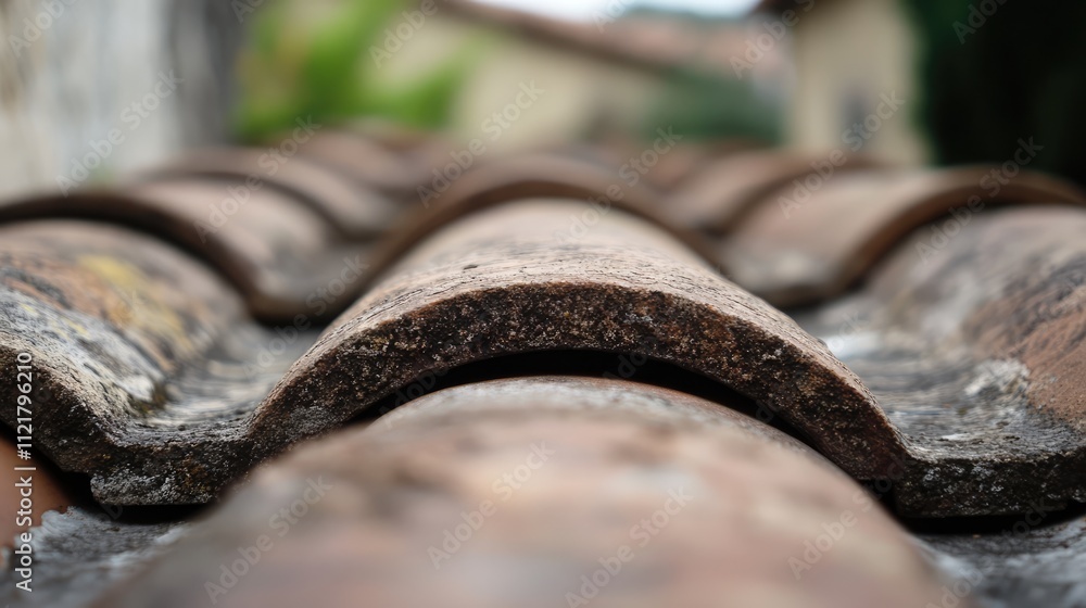 Poster close-up view of weathered ceramic roof tiles showcasing texture and detail against a blurred backgr