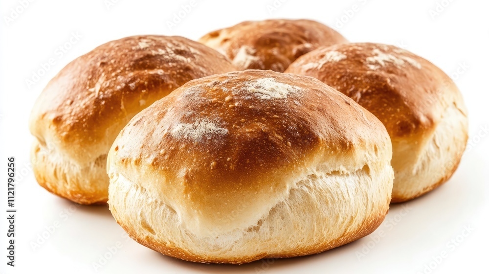 Poster freshly baked golden brown bread rolls arranged neatly on a white background ideal for culinary pres