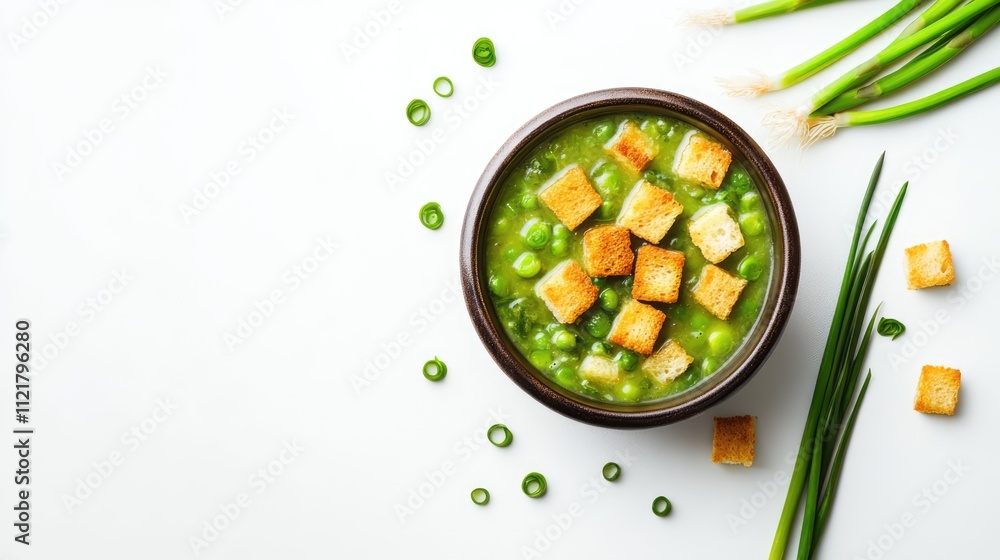 Poster asparagus soup with croutons and green onions presented in a bowl on a white background showcasing v