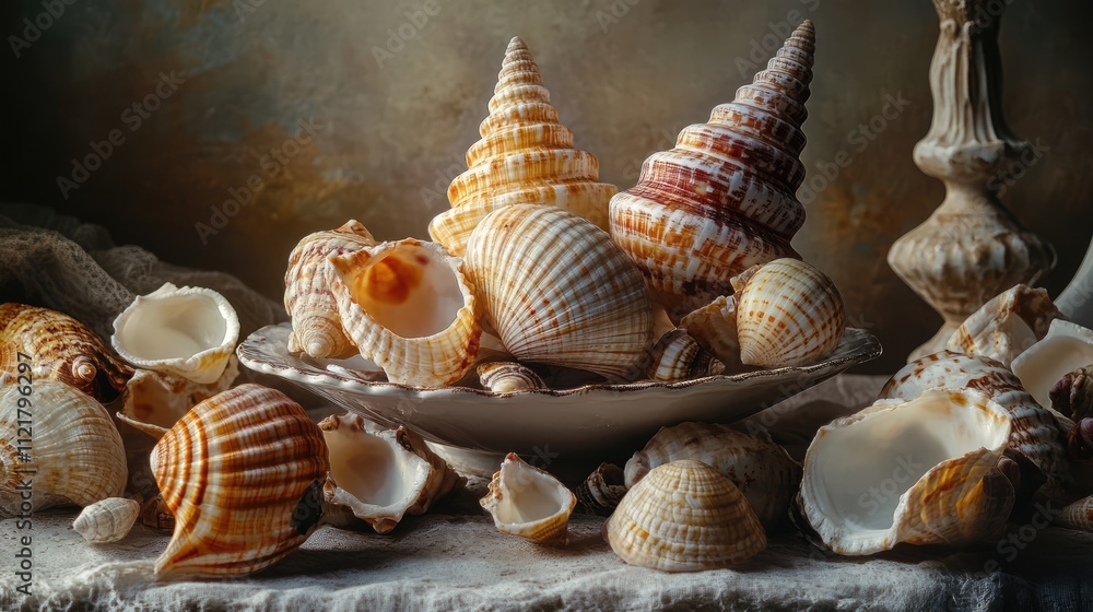 Poster seashells arranged artistically on a plate with a rustic background showcasing natural textures and 