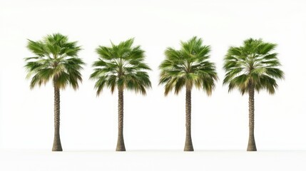 Fototapeta premium Sugar palm trees arranged in a row isolated on a white background showcasing their lush green foliage and sturdy trunks