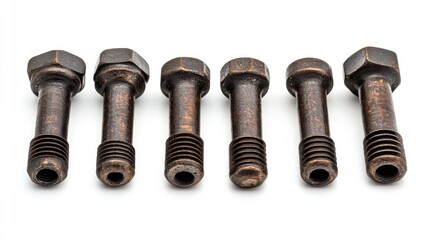Different sizes of metal bolts arranged in a row on a clean white background showcasing industrial hardware for construction and engineering use.