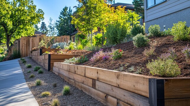 Wooden retaining wall in residential neighborhood enhancing landscaping and preventing soil erosion with vibrant gardens and greenery