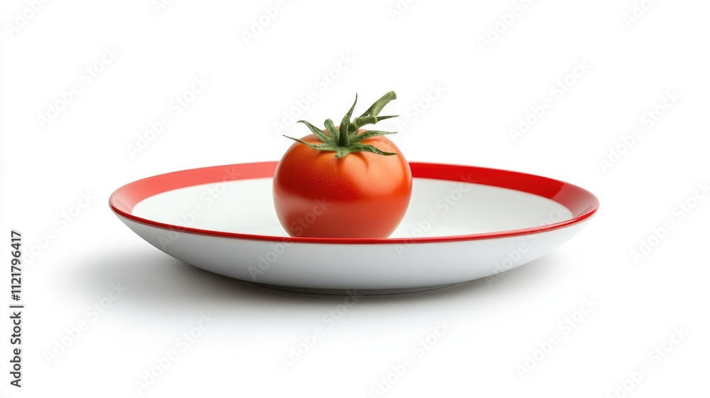 Aufkleber fresh red tomato on white plate with red trim isolated on clean background for culinary and food pho