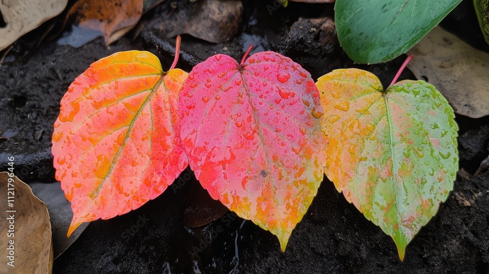 Poster vibrant wet leaves displaying a gradient of colors after rainfall captured in the morning light show
