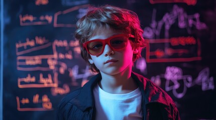 Intelligent young boy wearing red glasses poses confidently in front of a blackboard filled with complex mathematical formulas and diagrams.