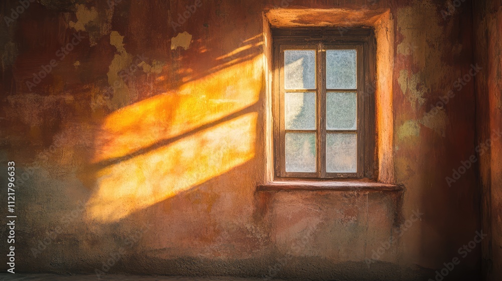 Poster sunlight streaming through vintage window illuminating rustic terra cotta walls in an antique rural 