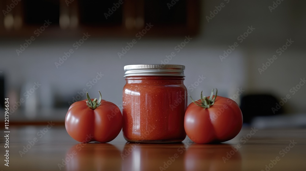Aufkleber tomato paste jar surrounded by fresh ripe tomatoes on a wooden kitchen table creating a rustic culin