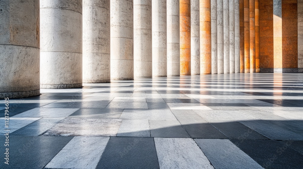 Poster elegant stone columns and checkerboard floor pattern in architectural space with play of light and s