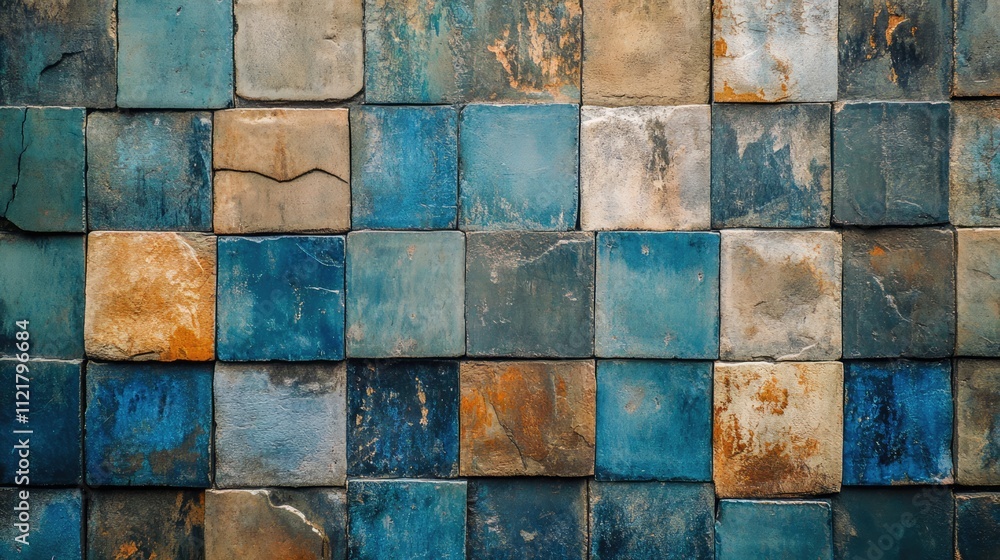 Poster ceramic tiles with colorful stone texture creating a decorative background of blue and earthy tones 