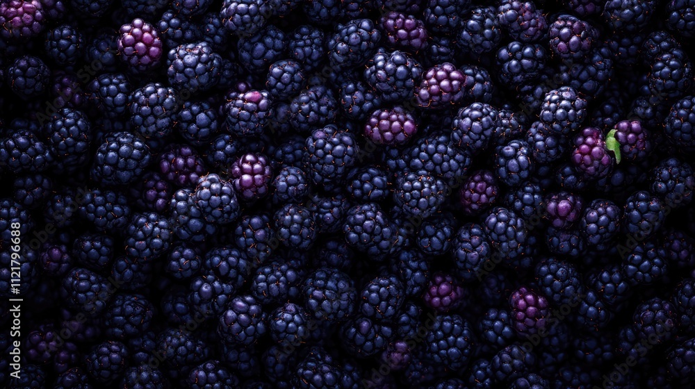 Poster Freshly Harvested Ripe Blackberries Arranged in a Rustic Bountiful Display Top View on a Dark Background ××™×“×•