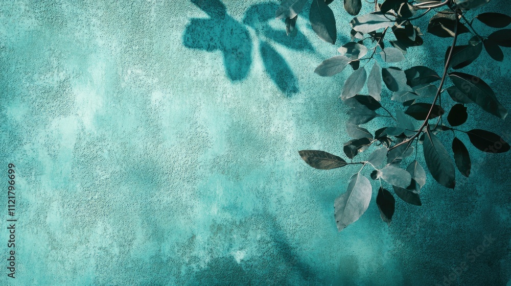 Poster shadows of leaves on a textured turquoise green wall creating an abstract nature background with spa