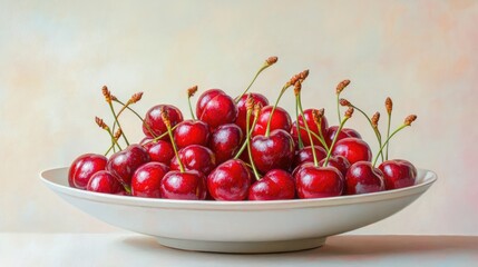 Vibrant summer cherries glistening in a bowl against a soft pastel backdrop showcasing their freshness and natural sweetness.