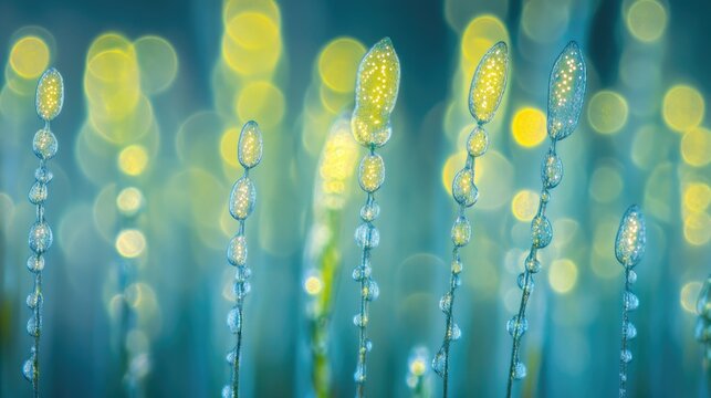 Stereomicroscope view of Equisetum strobilus sporangiophores and spore elaters with soft focus and grain noise for educational purposes