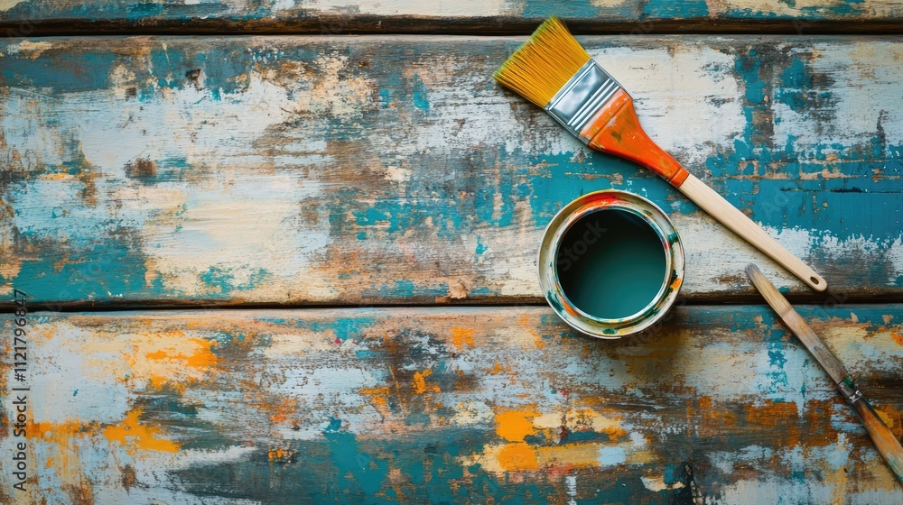 Poster Top view of paintbrush and open paint can on weathered wooden table for home renovation and creative DIY projects with copy space