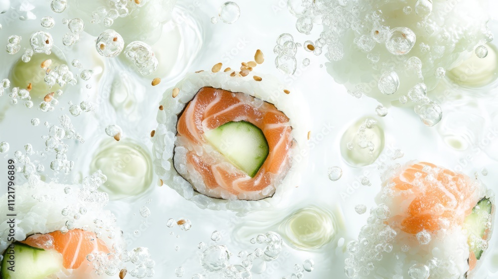Poster sushi rolls with salmon and cucumber in bubbles on a white backdrop showcasing seafood delicacies wi