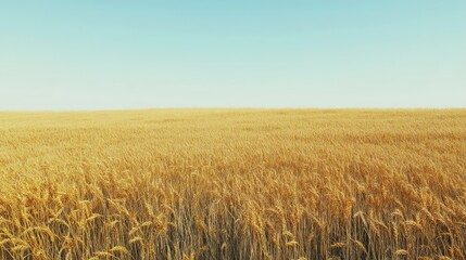 Fototapeta premium Golden wheat field under a clear blue sky with tall slender stalks and heavy heads of grain creating a picturesque rural landscape.