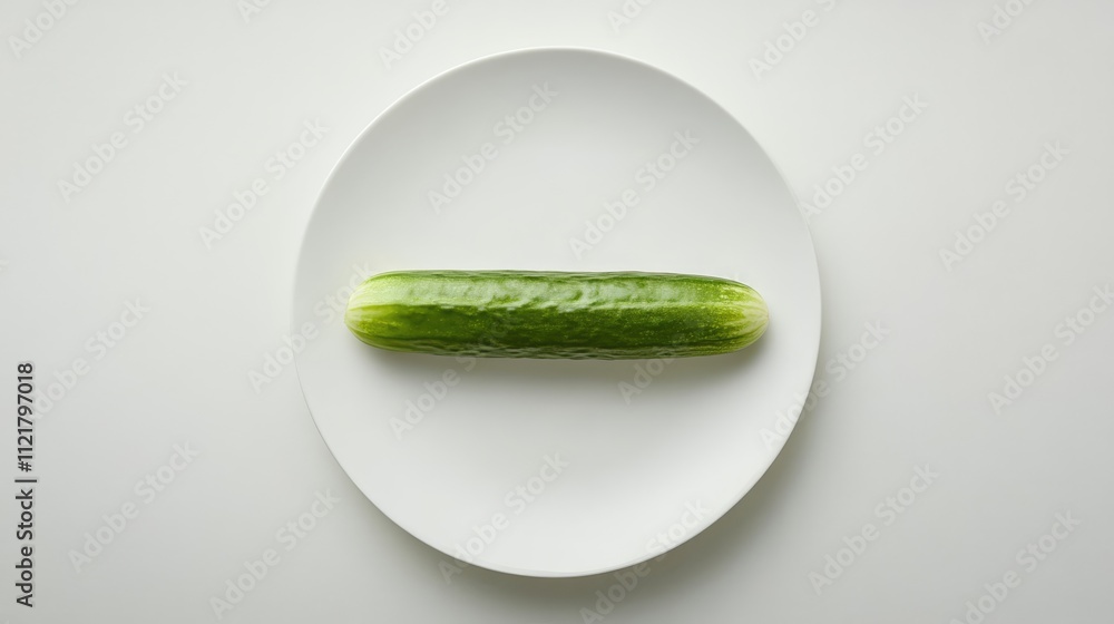 Poster Fresh green cucumber on a white plate isolated against a plain background showcasing its vibrant color and natural texture.