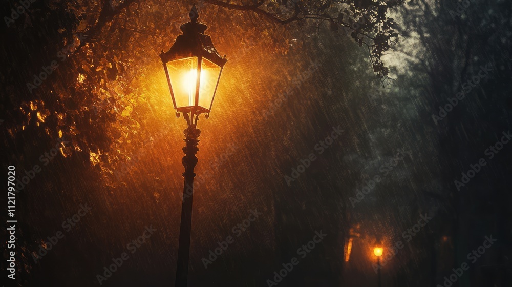 Poster misty evening scene with a vintage streetlight illuminating a foggy path surrounded by trees creatin