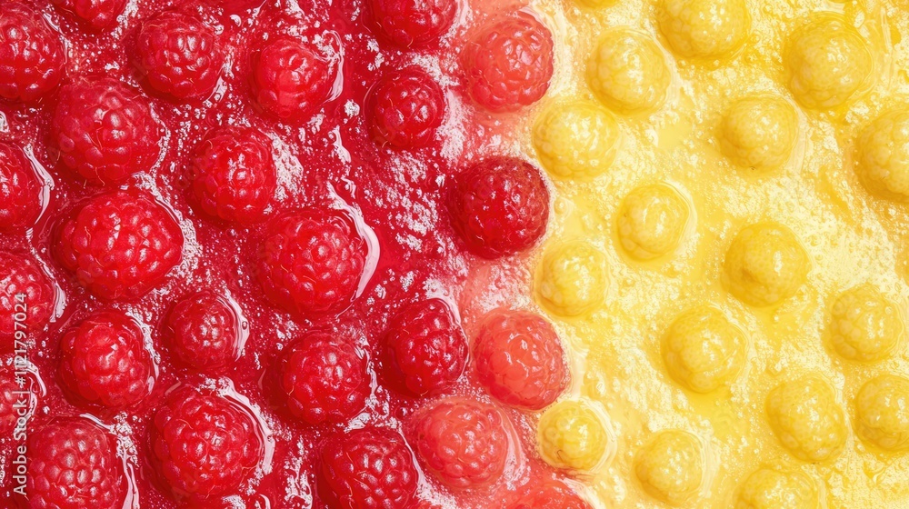 Poster Vibrant close-up of strawberry raspberry and lemon textures creating a colorful banner ideal for design and abstract backgrounds