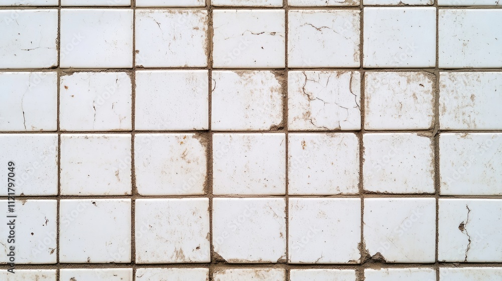 Poster White mosaic tile texture with cracks and dirt in a grid pattern suitable for backgrounds and interior design projects
