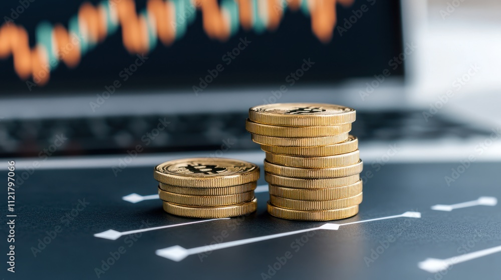 Poster stacked coins in front of a financial graph on a laptop.