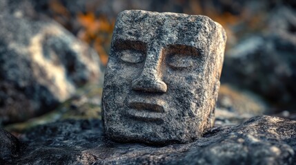 Ancient stone idol representing cultural heritage and traditional pagan worship amidst natural surroundings