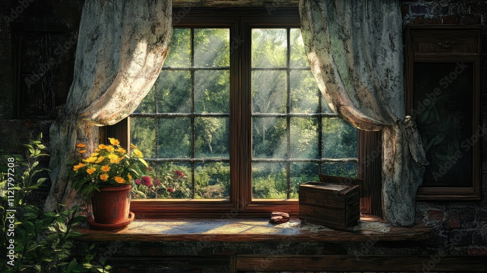Aufkleber Serene view through an old window featuring vibrant flowers and lush greenery illuminated by soft sunlight.