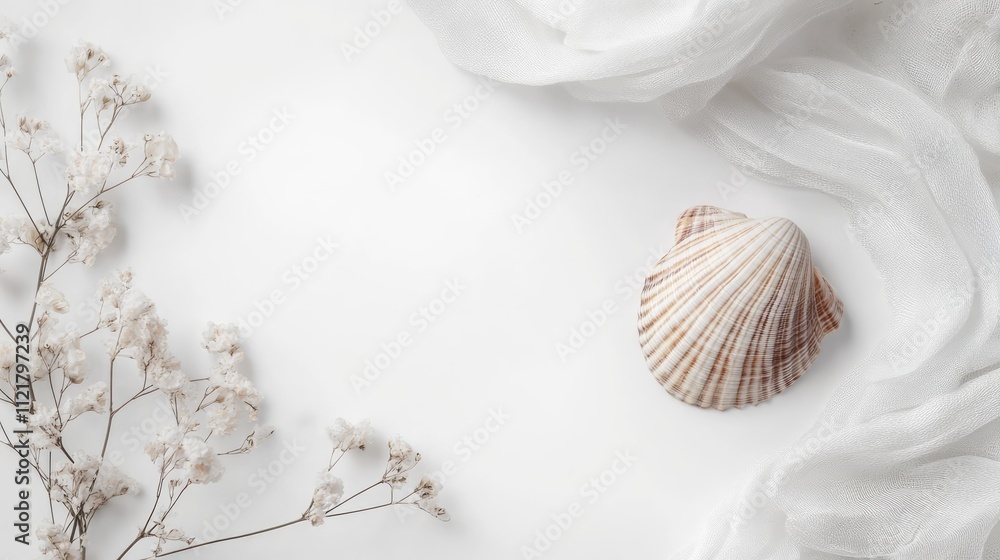Poster seashell on a soft white background with delicate flowers and fabric creating an elegant and serene 
