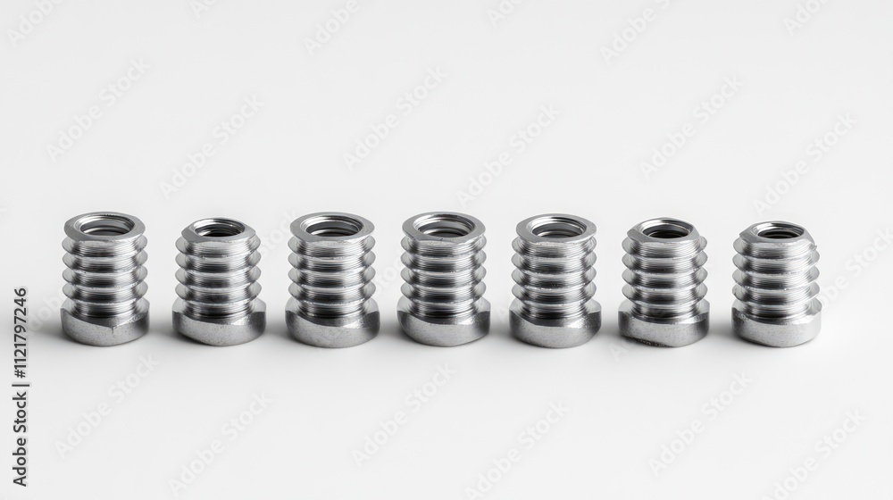 Aufkleber set of self-tapping screws arranged in a row on a clean white background for industrial and hardware