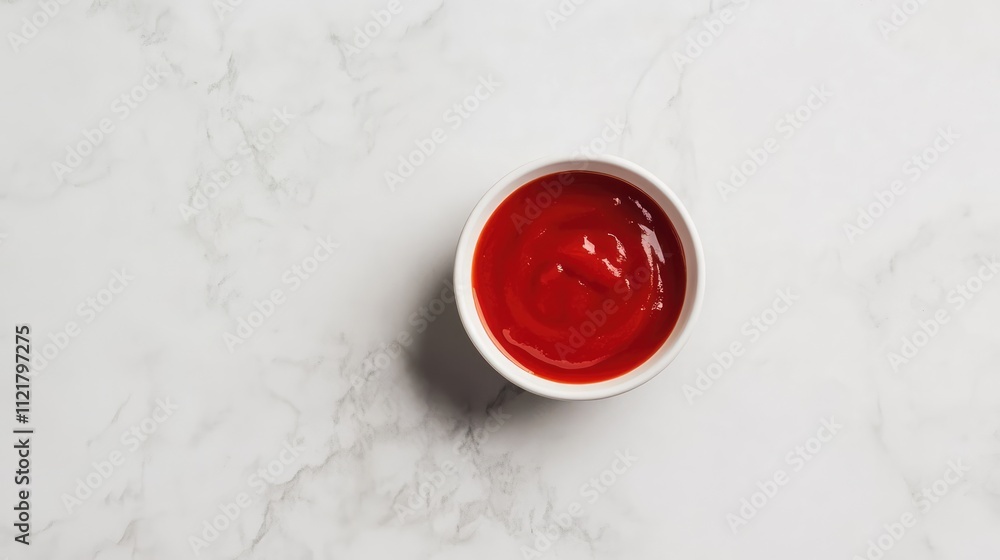 Aufkleber tomato ketchup in a white bowl on a marble surface with a minimalist aesthetic and vibrant red color