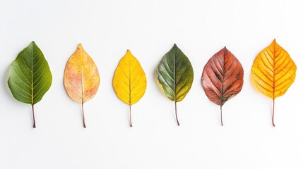 Colorful autumn leaves arranged in a line on a white background showcasing seasonal changes and nature's beauty