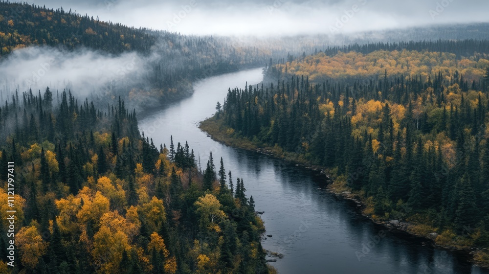 Poster foggy river winding through a colorful autumn forest surrounded by misty sky and lush greenery in a 