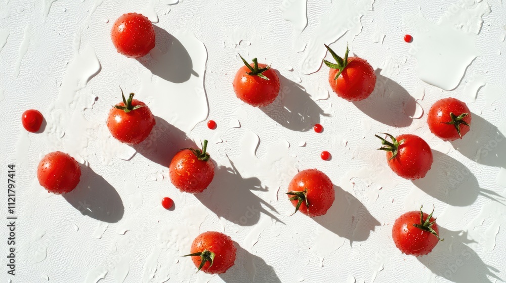 Poster Fresh ripe tomatoes with water droplets arranged artistically on a clean white surface creating a vibrant and appetizing visual composition
