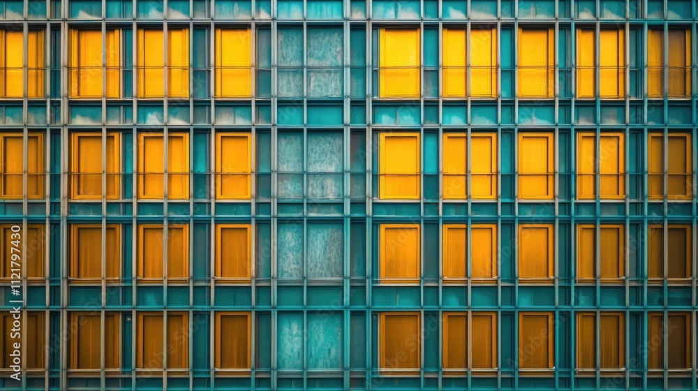 Poster modern building facade with symmetrical windows and selective focus showcasing contemporary architec