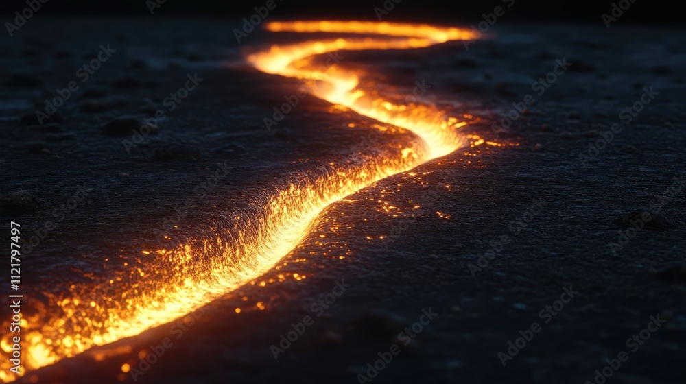 Poster illuminating pathway of molten lava creating a futuristic vibe in dark surroundings