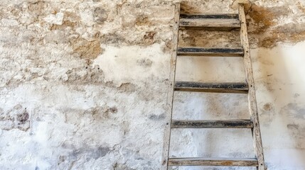 Wooden step ladder against a weathered wall for home repair and renovation projects. Ideal for construction and DIY activities.