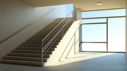 Fototapeta premium Modern stairway design featuring metallic banister and abundant natural light in contemporary architectural space.