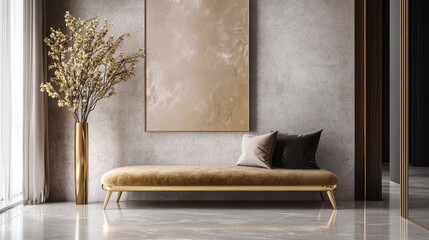 Elegant luxury living room with gold accents plush pillows and modern decor featuring a stylish bench and contemporary floral arrangements.