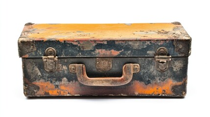 Vintage worn toolbox with rust and dirt isolated on white background, ideal for depicting tools or manual labor concepts.